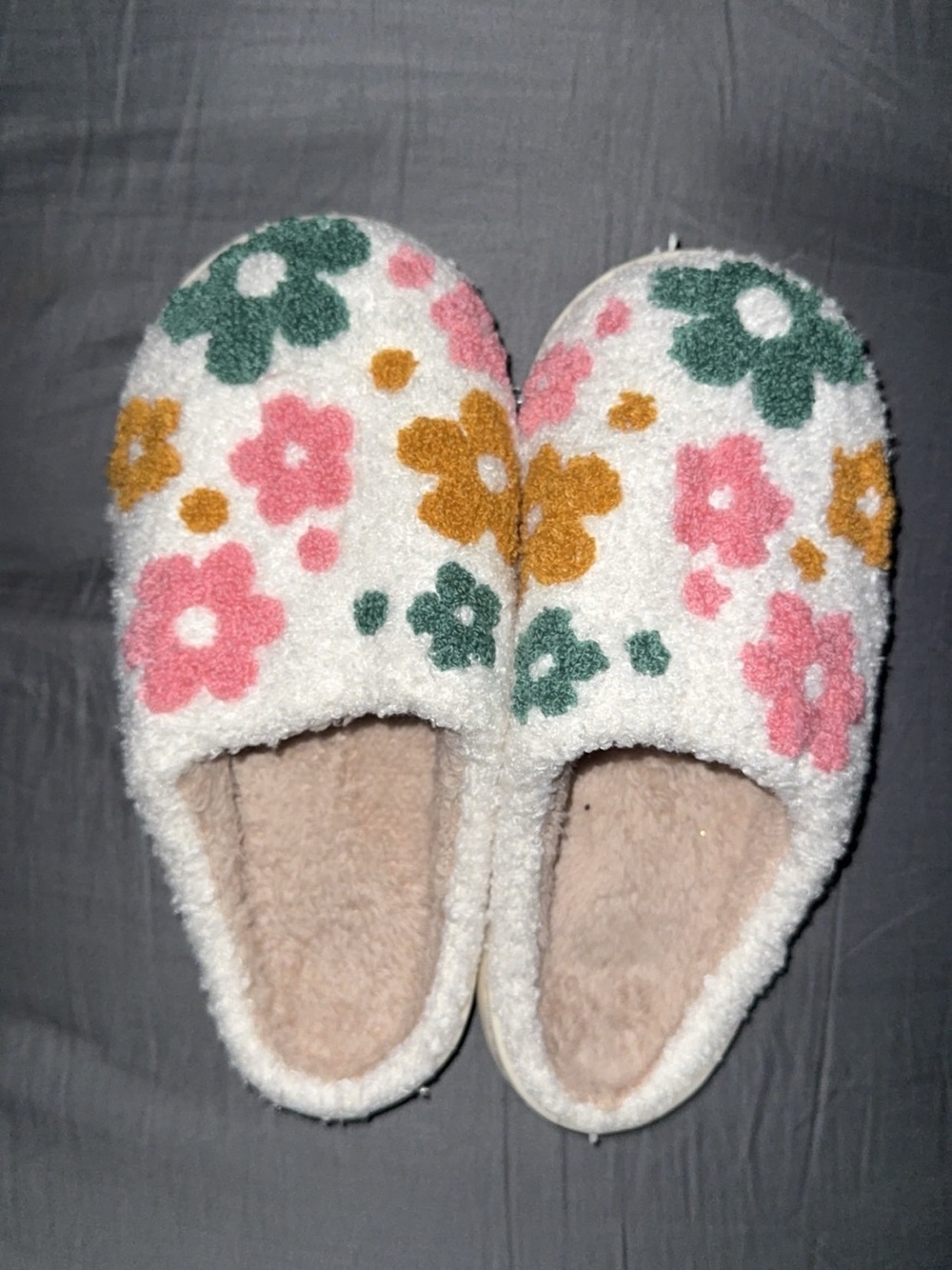 Cozy Floral Fuzzy Slippers - White with Pink, Green & Mustard Flowers
